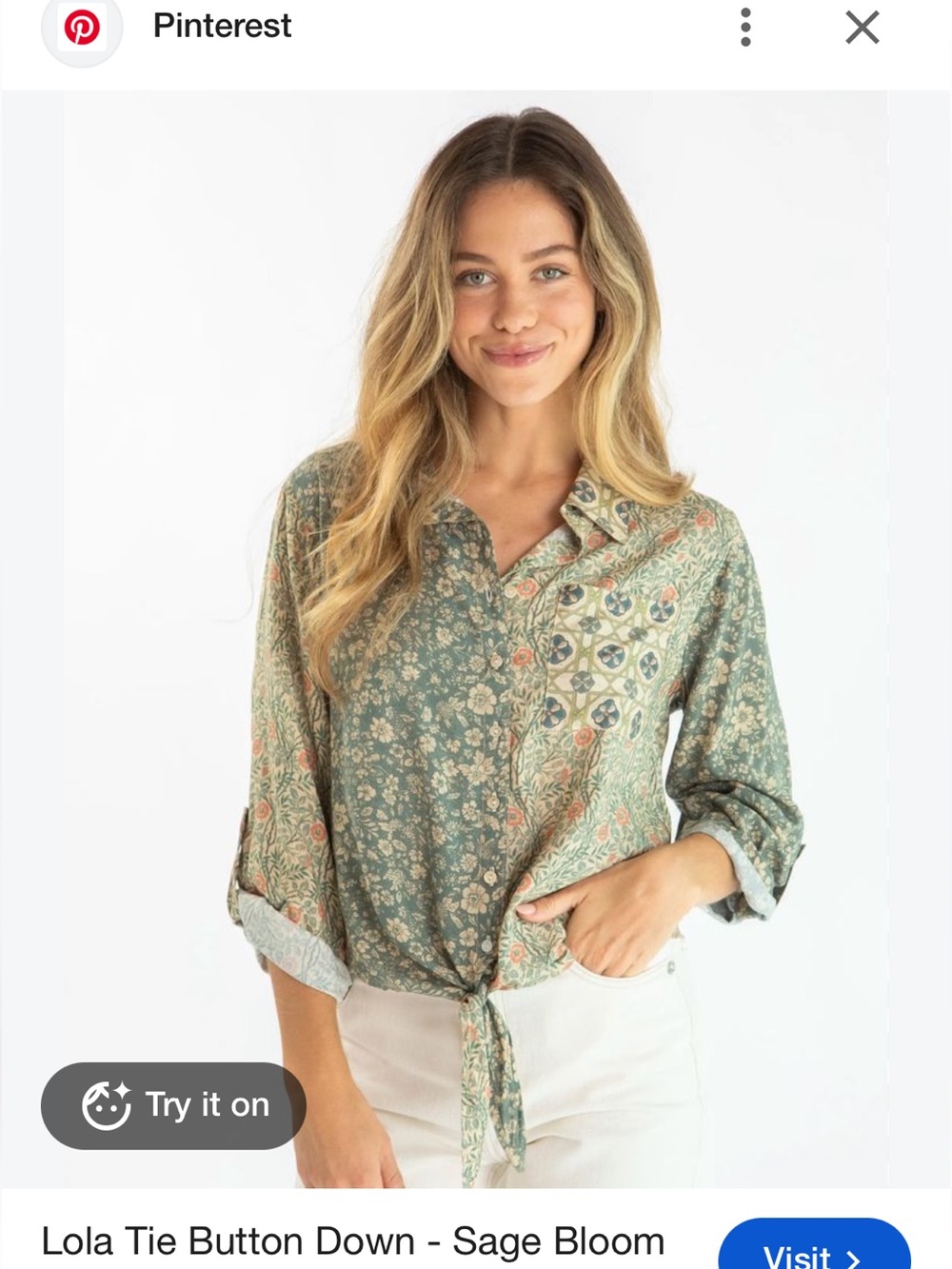 NATURAL LIFE Lola Front Tie Patchwork Button-down Shirt blouse Bohemian Sage - Picture 3 of 10